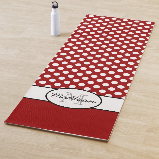 Cute Red White polka dots retro pattern Monogram Yoga Mat (In Situ)