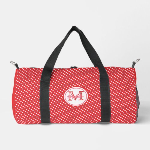 Cute Red  White Polkadot Pattern Monogrammed Duffle Bag