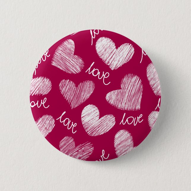 Cute Red White Scribbled Hearts with Love Script Button (Front)