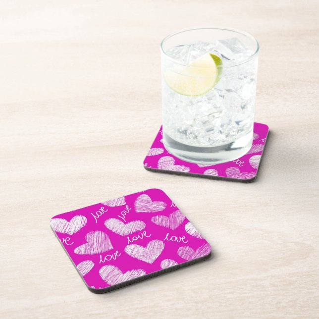 Cute Red White Scribbled Hearts with Love Script Drink Coaster (Right Side)