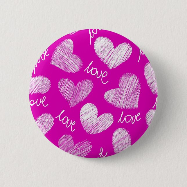 Cute Red White Scribbled Hearts with Love Script Pinback Button (Front)