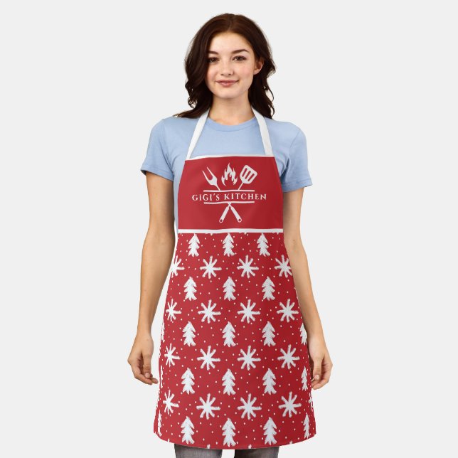 Cute Red White Snowflakes Pine Tree Gigi Christmas Apron (Worn)