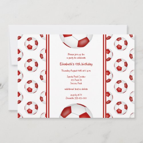 cute red white soccer balls pattern birthday party invitation