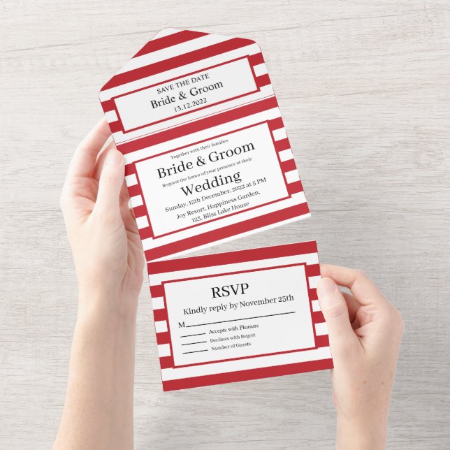 Cute Red White Stripes All in One Wedding Invite (Tearaway)