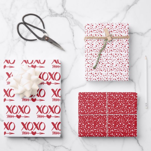 Cute Red & White XOXO Hearts Valentine's Day Wrapping Paper Sheets (Front)