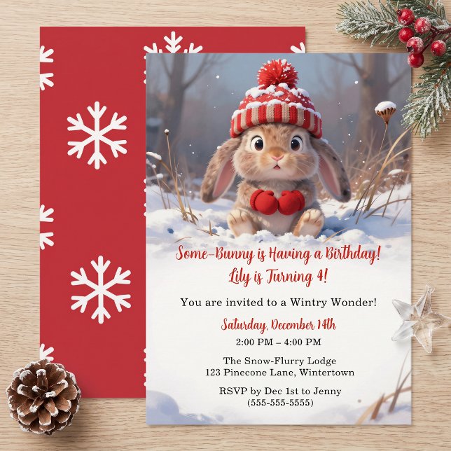 Cute Red Winter Some Bunny Girls 4th Birthday Invitation (Creator Uploaded)