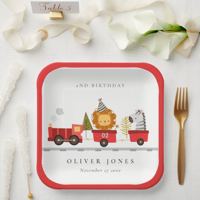 Cute Red Woodland Animal Train Any Age Birthday  Paper Plates (Wedding)