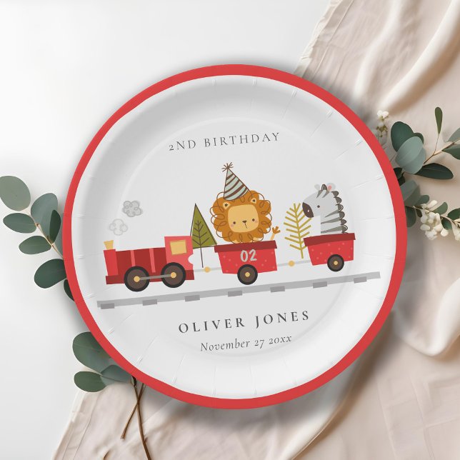 Cute Red Woodland Animal Train Any Age Birthday Paper Plates (Creator Uploaded)