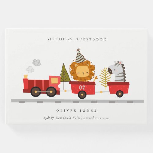 Cute Red Woodland Animals Train Any Age Birthday Guest Book