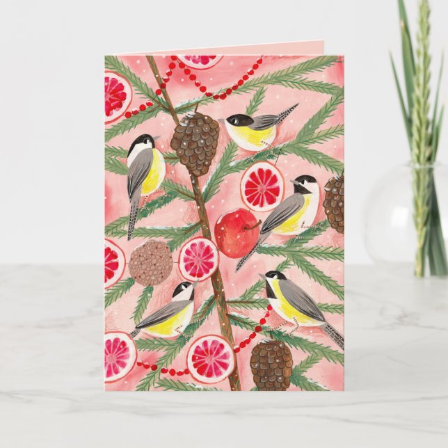 Cute red & yellow Chickadee birds Christmas tree Holiday Card (Front)