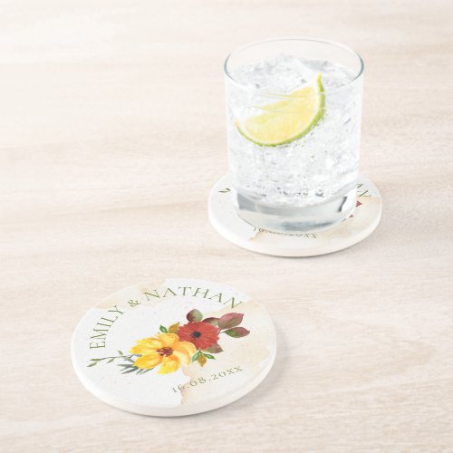 Cute Red Yellow Rustic Watercolor Floral Wedding Coaster