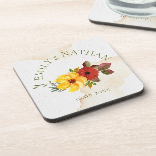 Cute Red Yellow Watercolor Rustic Floral Wedding Beverage Coaster