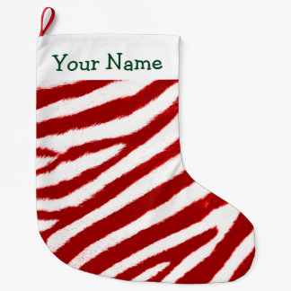 Cute Red Zebra Stripe Pattern Add Your Name Large Christmas Stocking