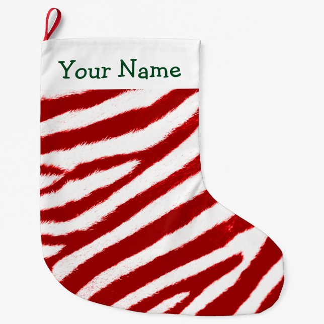 Cute Red Zebra Stripe Pattern Add Your Name Large Christmas Stocking (Front)