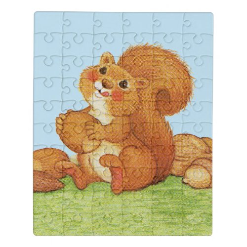 Cute Reddish Squirrel Licking Lips Stash of Nuts Jigsaw Puzzle