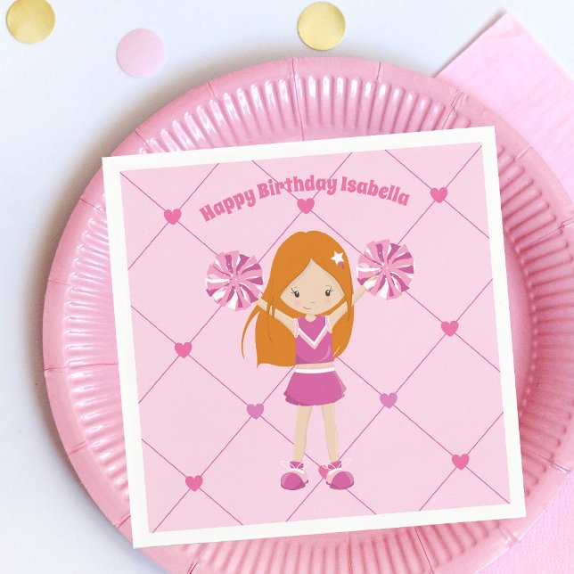 Cute Redhead Cheerleader Custom Birthday Party Napkins (Creator Uploaded)