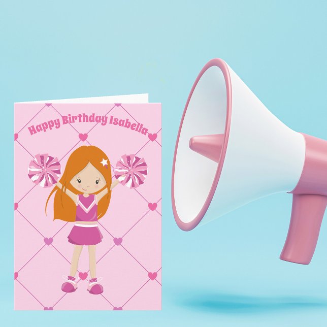 Cute Redhead Cheerleader Custom Pink Birthday Card (Creator Uploaded)