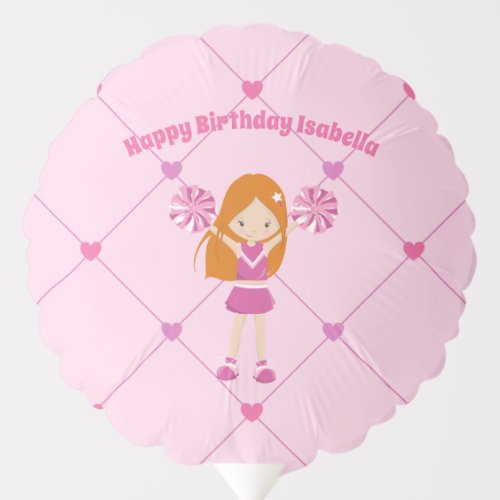 Cute Redhead Cheerleader Pink Custom Birthday Balloon