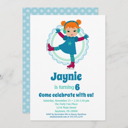 Cute Redhead Girls Ice Skating Birthday Party Invitation