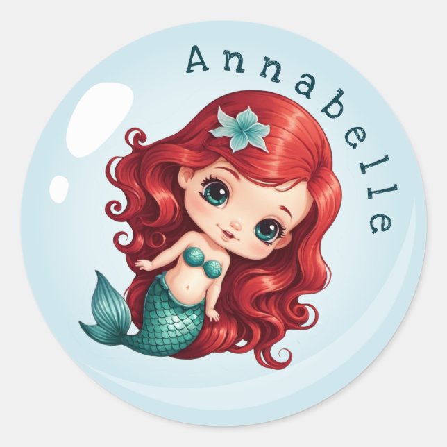 Cute Redhead Mermaid in a Bubble Personalize Classic Round Sticker (Front)