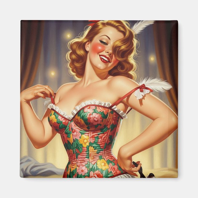 Cute Redhead pin-up girl with dog Magnet (Front)