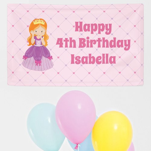 Cute Redhead Princess Girl Custom Pink Birthday Banner