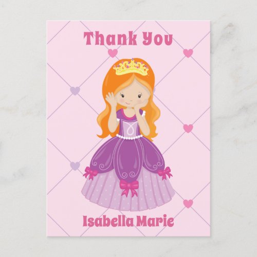 Cute Redhead Princess Girl Pink Custom Thank You Postcard