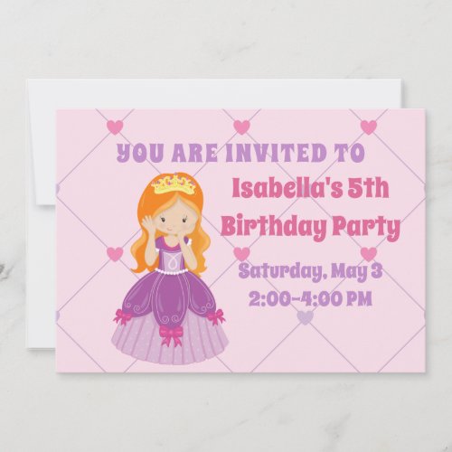 Cute Redhead Princess Girls Custom Birthday Party Invitation