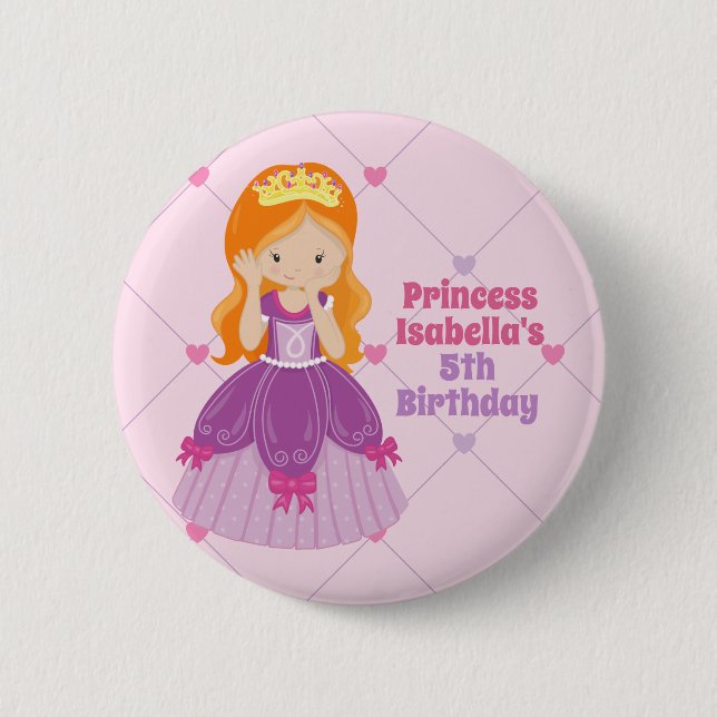 Cute Redhead Princess Pink Kids Birthday Party Button (Front)