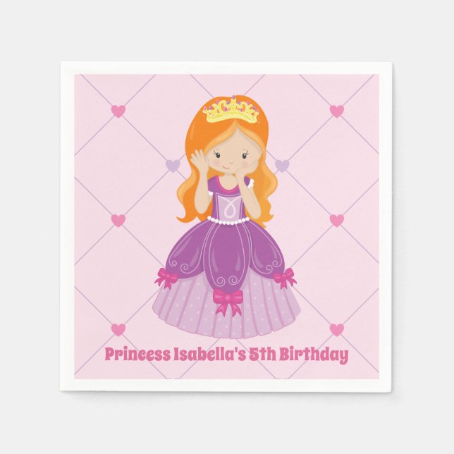 Cute Redhead Princess Pink Kids Birthday Party Napkins (Front)