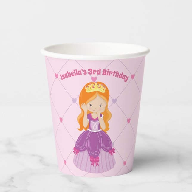 Cute Redhead Princess Pink Kids Birthday Party Paper Cups (Front)