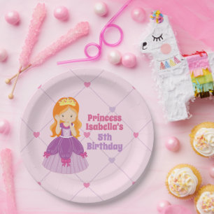 Cute Redhead Princess Pink Kids Birthday Party Paper Plates