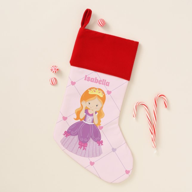 Cute Redhead Princess Pink Personalized Girls Name Christmas Stocking (Front)