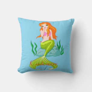 Cute Redheaded Mermaid Thunder_Cove Throw Pillow