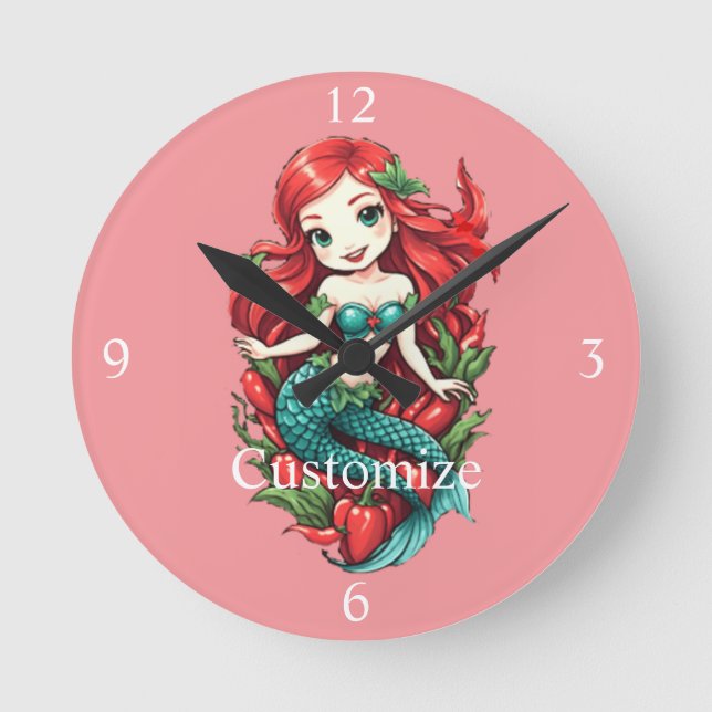 Cute Redheaded Two-tail Mermaid Thunder_Cove Round Clock (Front)