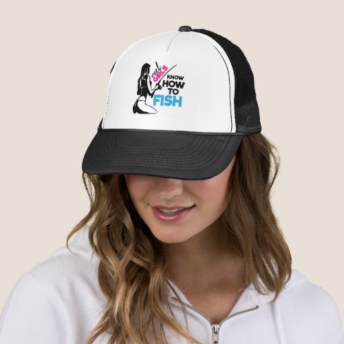 cute reel girls fish word art trucker hat