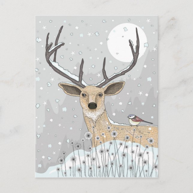 Cute Reindeer And Bird Postcard (Front)