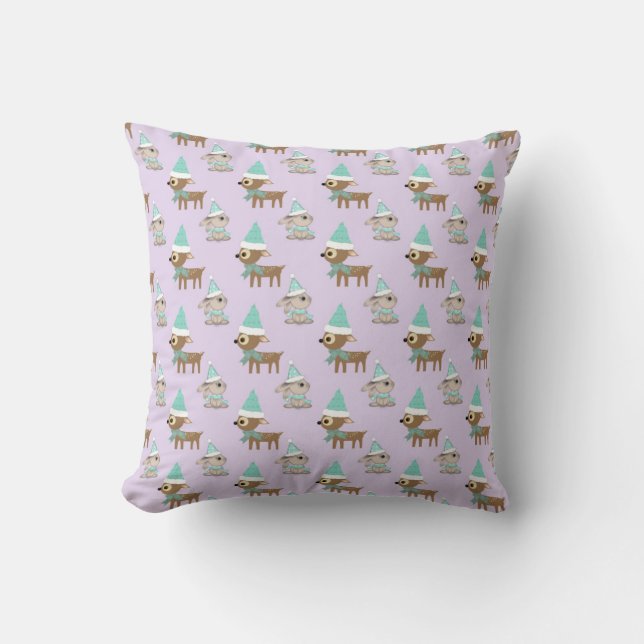 Cute Reindeer and Bunnies Holiday Art Pattern Throw Pillow (Front)