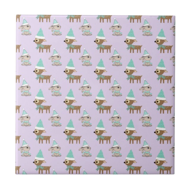 Cute Reindeer and Bunnies Holiday Art Pattern Tile (Front)