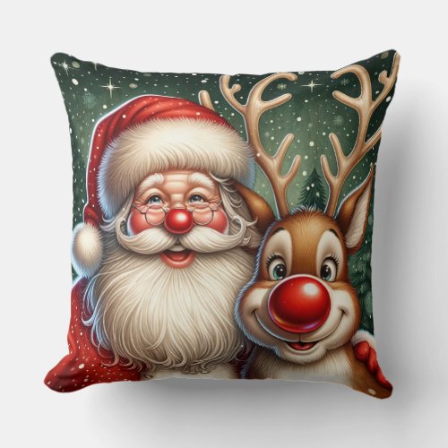 Cute Reindeer and Santa  Throw Pillow