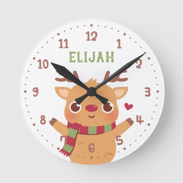 Cute Reindeer and Scarf, Kids Christmas Room Decor Round Clock (Front)