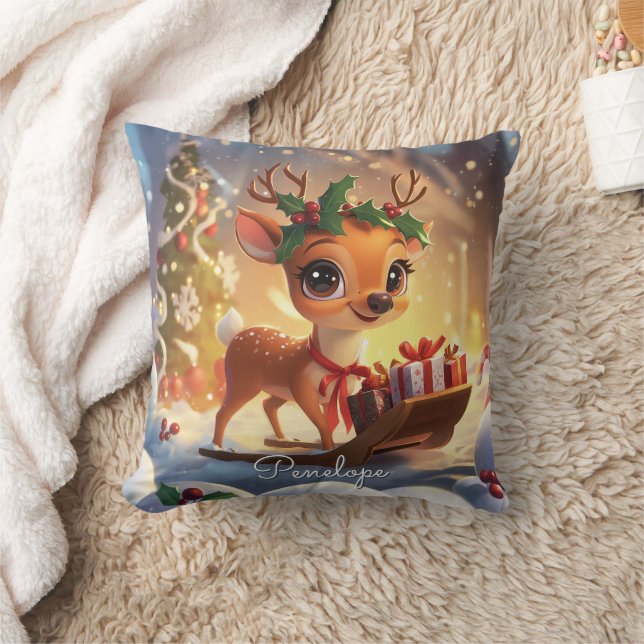 Cute reindeer and sleigh full of Christmas present Throw Pillow (Blanket)
