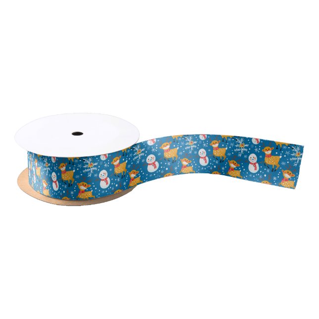 Cute Reindeer And Snowman Blue Satin Ribbon (Spool)