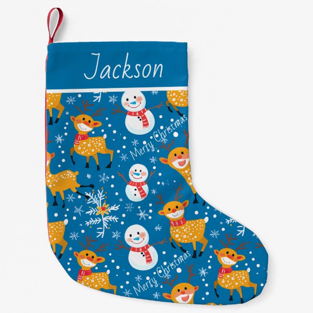 Cute Reindeer and Snowman Blue Small Christmas Stocking (Front)