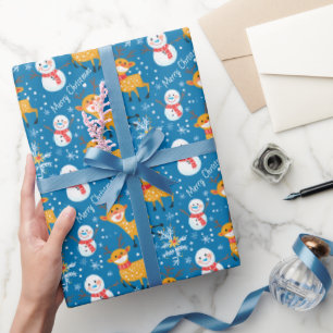 Cute Reindeer and Snowman Blue Wrapping Paper