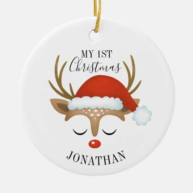 Cute Reindeer Baby 1st Christmas Photo Ceramic Ornament (Front)