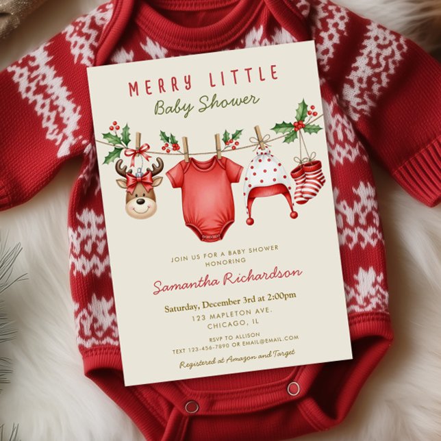 Cute reindeer baby clothes Merry Little Christmas Invitation (Creator Uploaded)