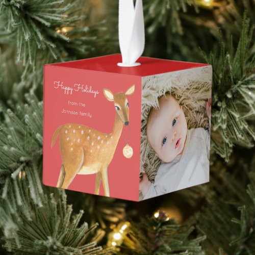 Cute reindeer baby first Christmas Cube Ornament
