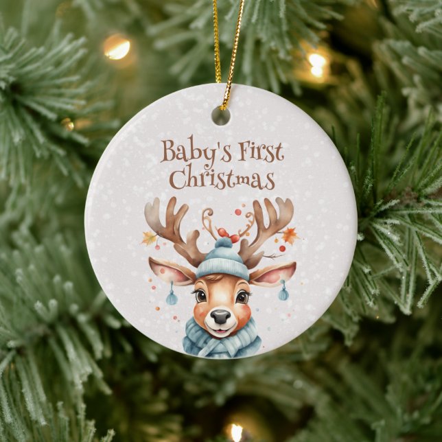 Cute Reindeer Baby's First Christmas Photo Ceramic Ornament (Tree)