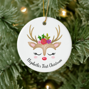 Cute Reindeer Babys First Christmas Photo Ceramic Ornament